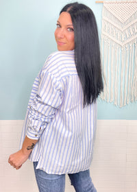'Ocean Breeze' White & Blue Stripe Button Up Shirt-Lets hear it for the classics! This white &amp; blue striped button down shirt can be worn so many ways and will never go out of style! Give it a nautical vibe with white bottoms or make it a night out unbuttoned and front tied with a pair of jeans. Also work friendly!-Cali Moon Boutique, Plainville Connecticut