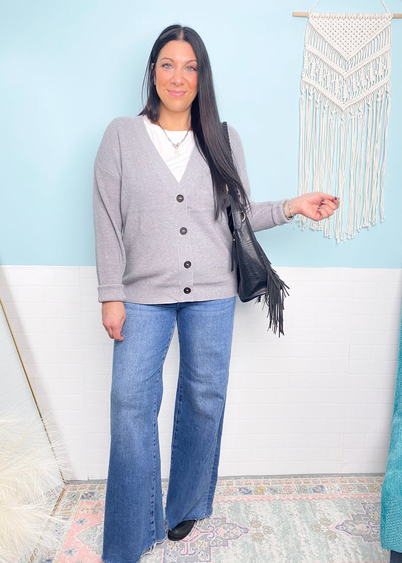 'Sabrina' Heather Gray Button Front Soft Cardigan-A classic cardigan in a perfect year 'round Heather Gray color. Wear layered or alone for in and out of the office looks. You have to feel the ultra soft fabric to believe it!-Cali Moon Boutique, Plainville Connecticut