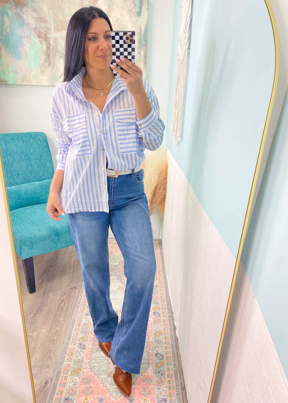 'Ocean Breeze' White & Blue Stripe Button Up Shirt-Lets hear it for the classics! This white &amp; blue striped button down shirt can be worn so many ways and will never go out of style! Give it a nautical vibe with white bottoms or make it a night out unbuttoned and front tied with a pair of jeans. Also work friendly!-Cali Moon Boutique, Plainville Connecticut