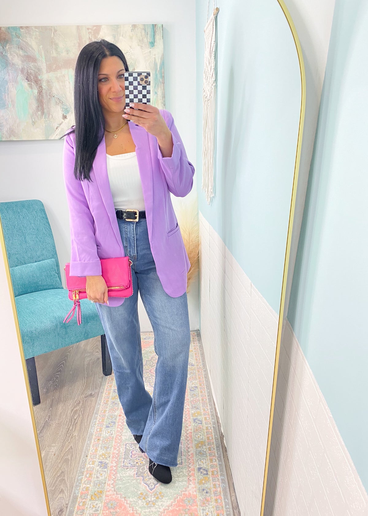 'New Bloom' Bold Lavender Blazer-Spice up your shirt collection with this pink dip dyed button front. Lightweight fabric that can be worn alone for Spring/Summer &amp; layered in the Fall. Wear alone or unbuttoned as a layering piece!-Cali Moon Boutique, Plainville Connecticut