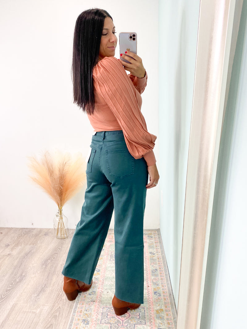 'Autumn' Vervet Balsam Green Wide Leg Cropped Jeans-These high waist, cropped wide leg jeans feature the amazing stretch we love from Vervet in a gorgeous color for the Fall/Winter! Pair this deep green with all the rich colors of fall as well as the black and white basics!-Cali Moon Boutique, Plainville Connecticut