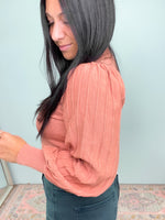'Hay Rides' Light Pumpkin Paneled Puff Sleeve Sweater-The feminine details of the pleated puff sleeves paired with the fall worthy color makes this sweater a perfect work and night out top! It can be dressed up or down all Fall/Winter long! -Cali Moon Boutique, Plainville Connecticut