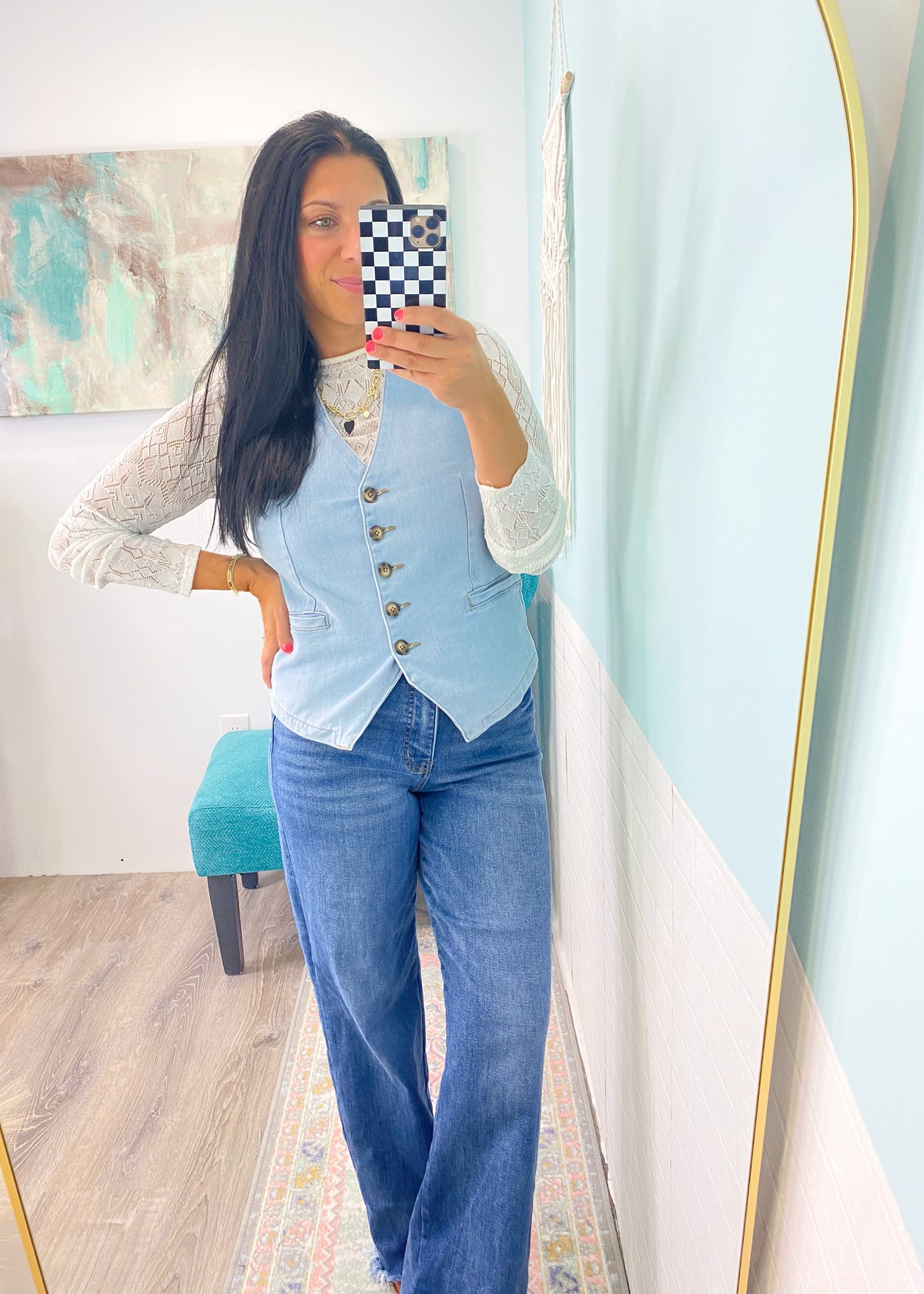 'Karter' Light Wash Stretch Denim Vest-Denim is having a moment (as if ever stopped) and this stretchy jean vest is the ultimate topping to all your cute Fall outfits &amp; Spring skirts/dresses. Plus it can be worn alone!&nbsp;-Cali Moon Boutique, Plainville Connecticut