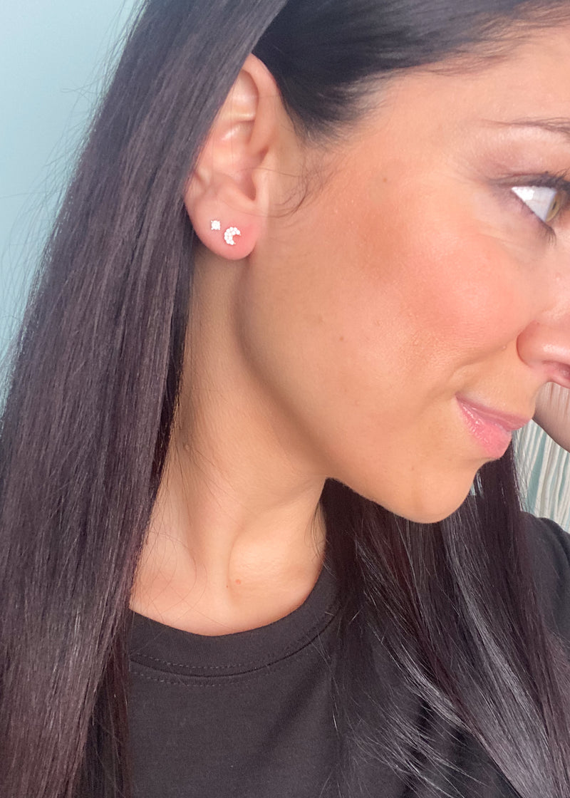 Mini Crystal Fill Single Stud Earrings-These tiny, mini studs come in SINGLES (not pairs) so you can mix and match them to create the earrings stack to fit your mood! Choose between Moon, Star, Crown or evil eye.-Cali Moon Boutique, Plainville Connecticut