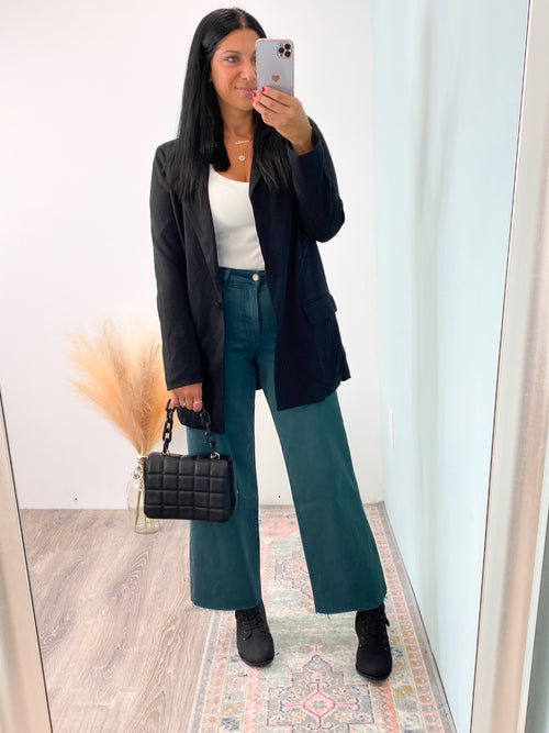 'Autumn' Vervet Balsam Green Wide Leg Cropped Jeans-These high waist, cropped wide leg jeans feature the amazing stretch we love from Vervet in a gorgeous color for the Fall/Winter! Pair this deep green with all the rich colors of fall as well as the black and white basics!-Cali Moon Boutique, Plainville Connecticut