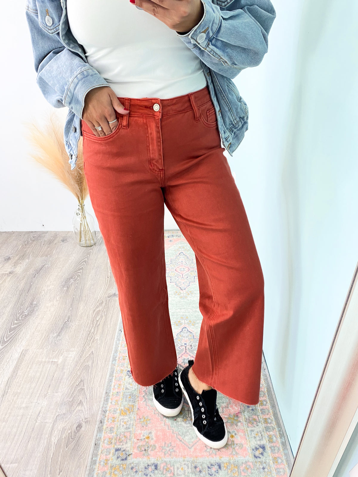 'Autumn' Vervet Burnt Orange Wide Leg Cropped Jeans-These high waist, cropped wide leg jeans feature the amazing stretch we love from Vervet in a gorgeous color for the Fall/Winter! Pair this deep green with all the rich colors of fall as well as the black and white basics!-Cali Moon Boutique, Plainville Connecticut