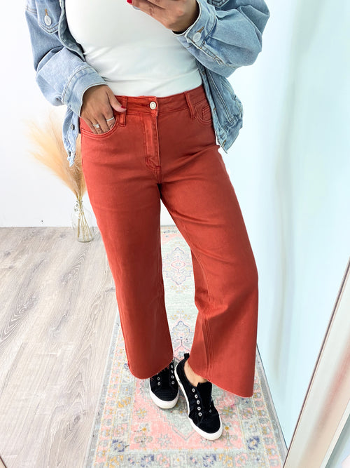 'Autumn' Vervet Burnt Orange Wide Leg Cropped Jeans-These high waist, cropped wide leg jeans feature the amazing stretch we love from Vervet in a gorgeous color for the Fall/Winter! Pair this deep green with all the rich colors of fall as well as the black and white basics!-Cali Moon Boutique, Plainville Connecticut