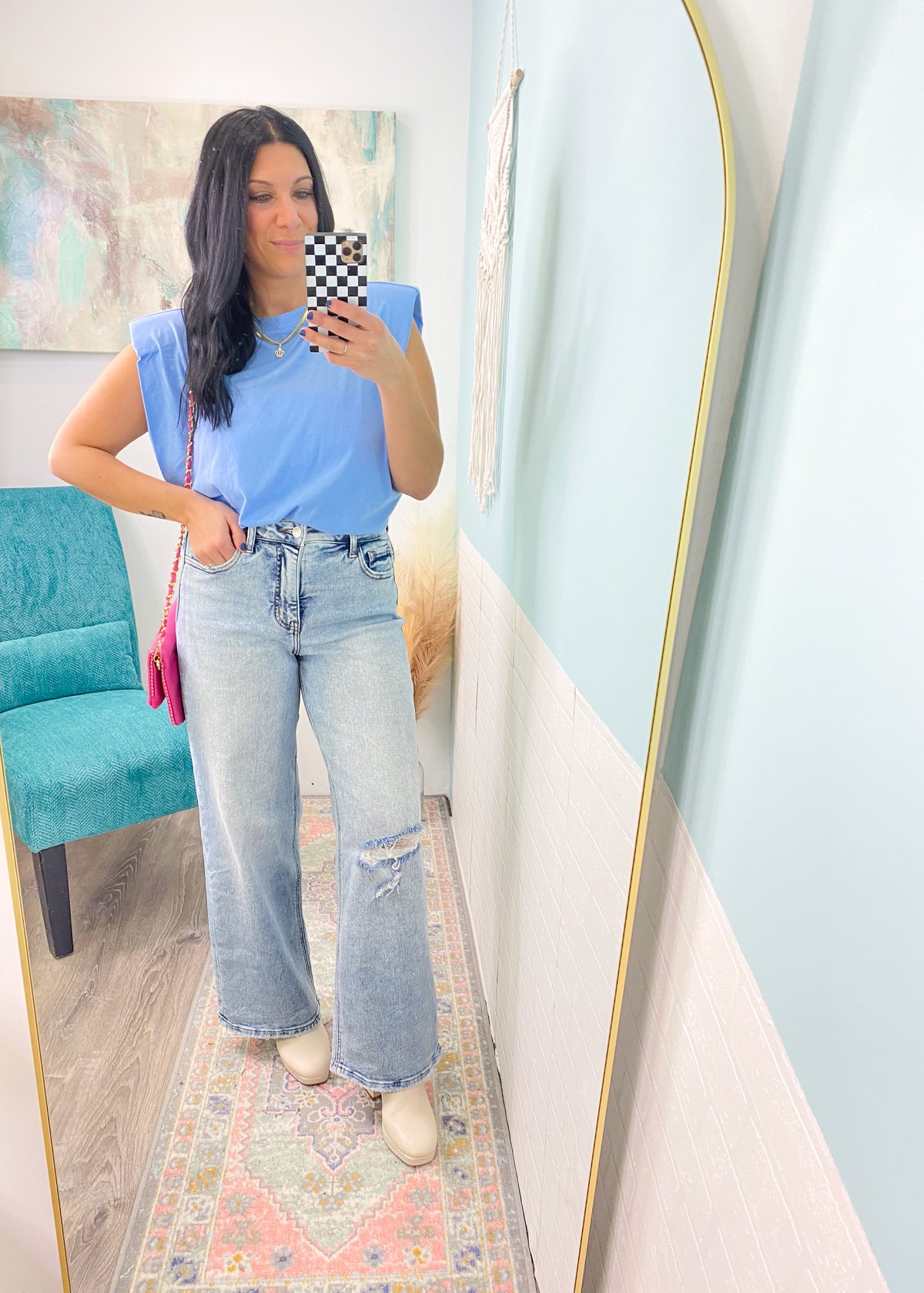 'Sky High' Baby Blue High Shoulder Tee-This padded high shoulder tee is the cutest addition to your tee shirt collection! A stand out chic look that you can wear on casual day dates or nights out. Wear tucked or untucked for different looks.&nbsp;<br>-Cali Moon Boutique, Plainville Connecticut