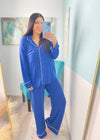 'Sweet Dreams' Light Navy Ultra Soft Long Sleeve & Wide Leg Pants Pajamas-The coziest pajama set for your slow mornings and chill nights! This set is ultra soft, stretchy &amp; breathable featuring a button front, wide leg pant and chic piping trims.-Cali Moon Boutique, Plainville Connecticut