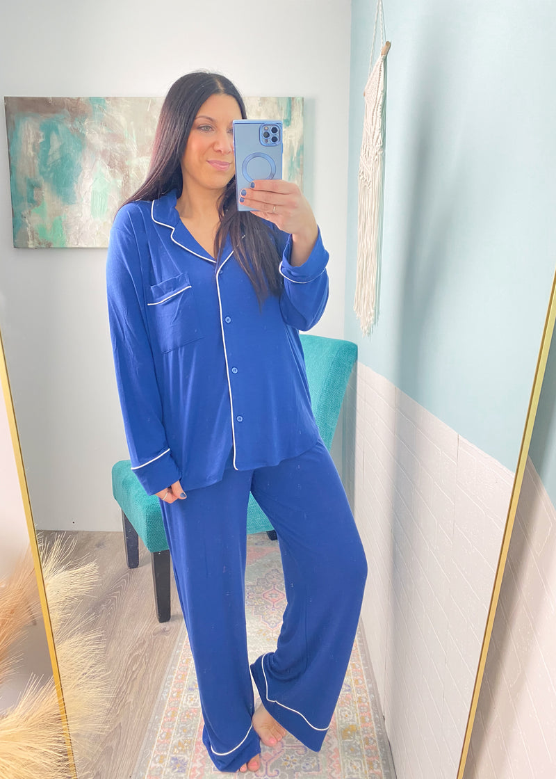 'Sweet Dreams' Light Navy Ultra Soft Long Sleeve & Wide Leg Pants Pajamas-The coziest pajama set for your slow mornings and chill nights! This set is ultra soft, stretchy &amp; breathable featuring a button front, wide leg pant and chic piping trims.-Cali Moon Boutique, Plainville Connecticut