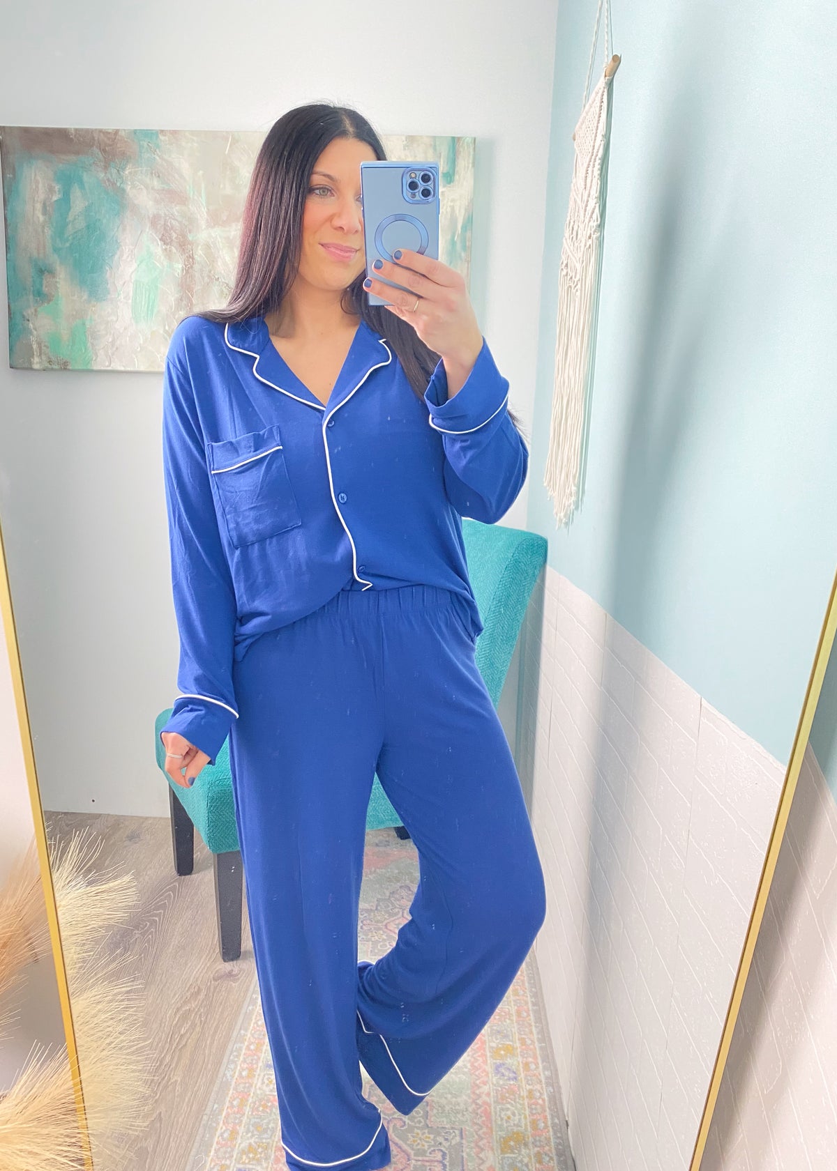 'Sweet Dreams' Light Navy Ultra Soft Long Sleeve & Wide Leg Pants Pajamas-The coziest pajama set for your slow mornings and chill nights! This set is ultra soft, stretchy &amp; breathable featuring a button front, wide leg pant and chic piping trims.-Cali Moon Boutique, Plainville Connecticut