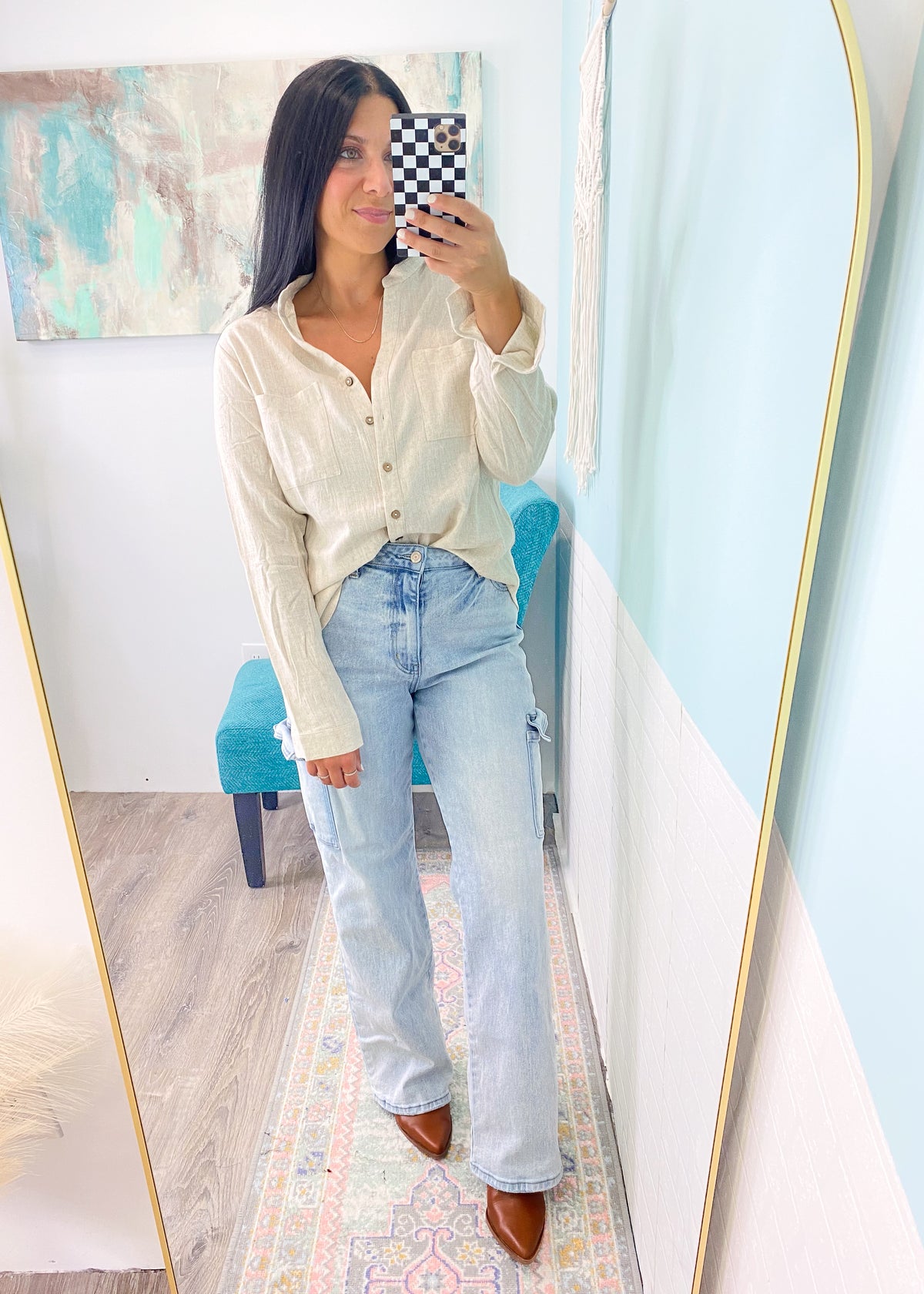 'By the Bay' Oatmeal Linen Button Down Shirt-This linen button front top is perfection for cool beach nights and Fall days! You can dress this up or down, wear it as a layering piece and it's also work friendly!-Cali Moon Boutique, Plainville Connecticut