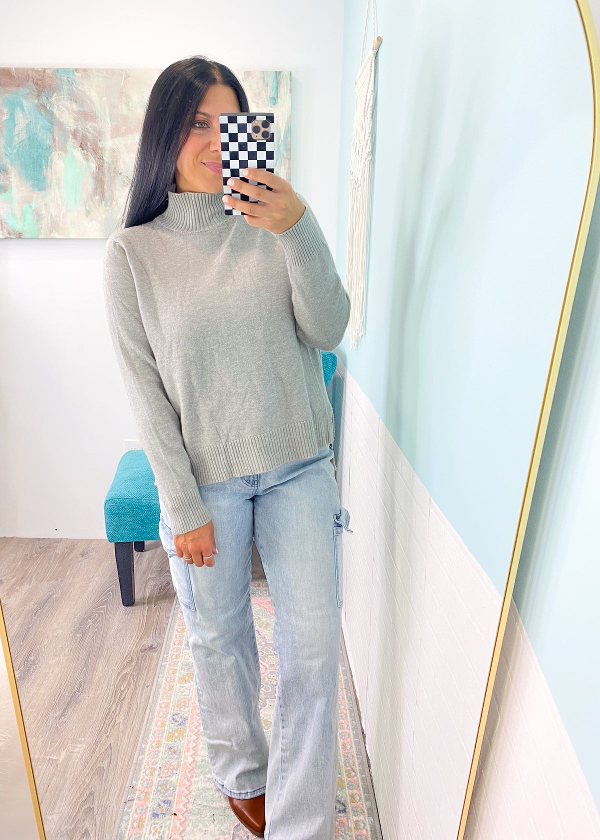 'Melinda' Heather Gray Turtleneck Sweater-This heather turtleneck sweater is a forever classic! The side slits make it perfect for front tucking &amp; also looks so cute untucked! A neutral color to pair with almost any other color!-Cali Moon Boutique, Plainville Connecticut