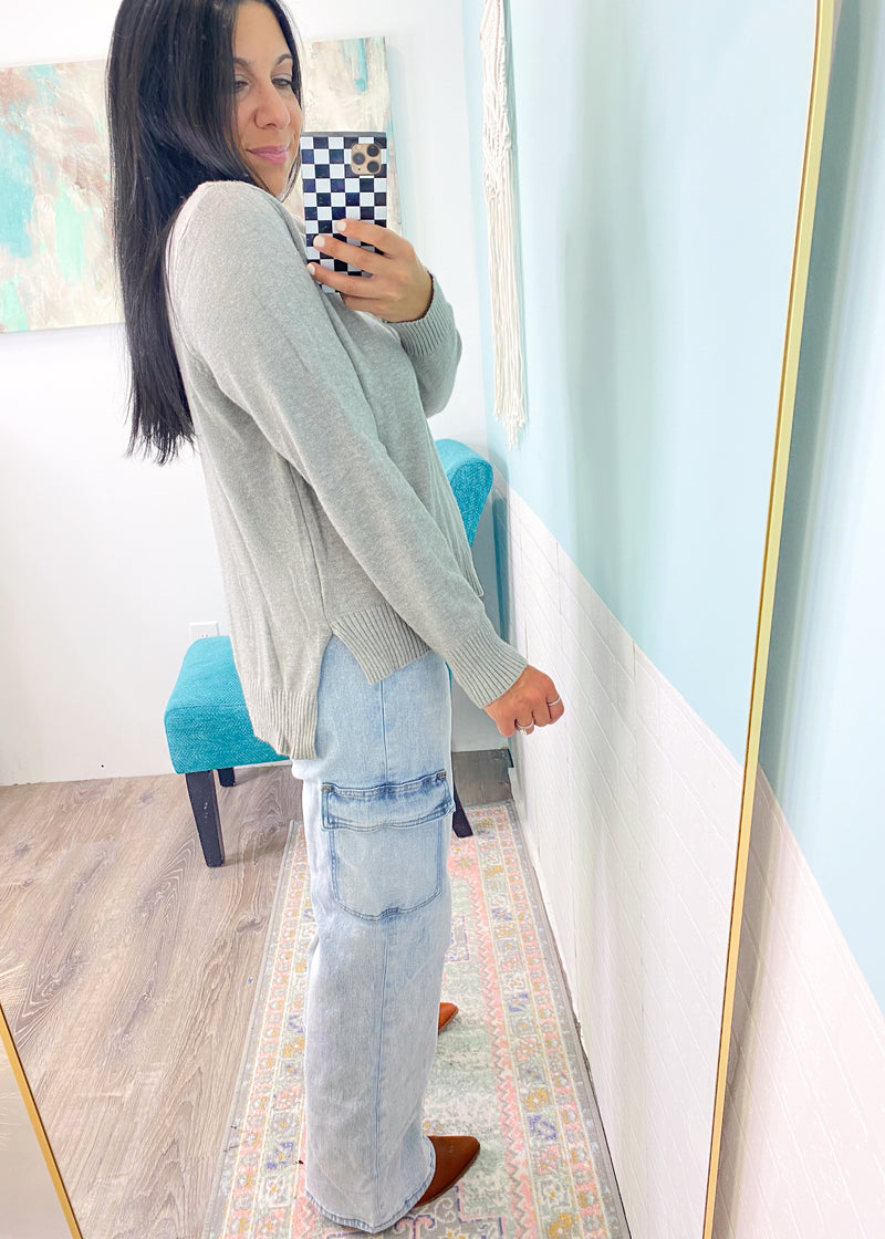 'Melinda' Heather Gray Turtleneck Sweater-This heather turtleneck sweater is a forever classic! The side slits make it perfect for front tucking &amp; also looks so cute untucked! A neutral color to pair with almost any other color!-Cali Moon Boutique, Plainville Connecticut