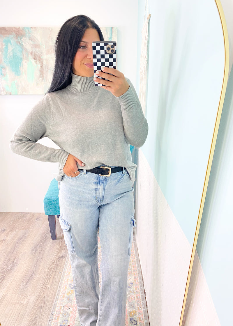 'Melinda' Heather Gray Turtleneck Sweater-This heather turtleneck sweater is a forever classic! The side slits make it perfect for front tucking &amp; also looks so cute untucked! A neutral color to pair with almost any other color!-Cali Moon Boutique, Plainville Connecticut