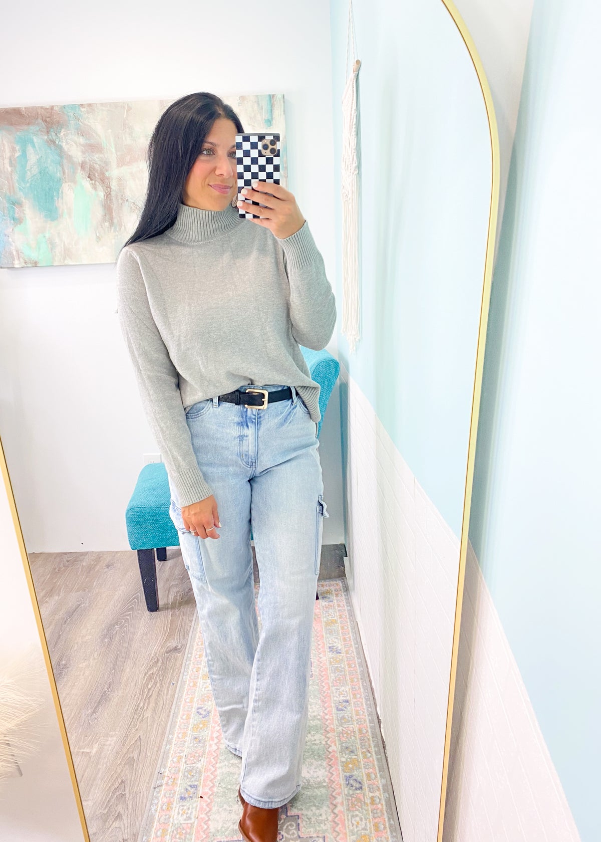 'Melinda' Heather Gray Turtleneck Sweater-This heather turtleneck sweater is a forever classic! The side slits make it perfect for front tucking &amp; also looks so cute untucked! A neutral color to pair with almost any other color!-Cali Moon Boutique, Plainville Connecticut