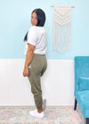 'The Run Around' Olive Gray Organic Cotton Blend Athleisure Joggers-B-The matching bottoms to our 'Cora' Sweatshirt &amp; 'Brielle' tee, these soft organic cotton blend joggers will be your all day, every day lounge go to. Relaxed fit, jogger bottoms perfect for sneakers and soft, breathable fabric. Mix and match with all your fav tees, sweatshirts &amp; denim jackets.-Cali Moon Boutique, Plainville Connecticut