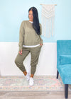 'Cora' Olive Gray Organic Cotton Blend Athleisure Sweatshirt -B-This athleisure crewneck sweatshirt comes in a soft &amp; drapey organic cotton blend. Its the ultimate cozy with thumbholes and split sides great for tucking.-Cali Moon Boutique, Plainville Connecticut