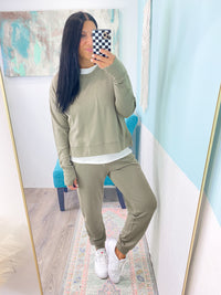 'The Run Around' Olive Gray Organic Cotton Blend Athleisure Joggers-B-The matching bottoms to our 'Cora' Sweatshirt &amp; 'Brielle' tee, these soft organic cotton blend joggers will be your all day, every day lounge go to. Relaxed fit, jogger bottoms perfect for sneakers and soft, breathable fabric. Mix and match with all your fav tees, sweatshirts &amp; denim jackets.-Cali Moon Boutique, Plainville Connecticut