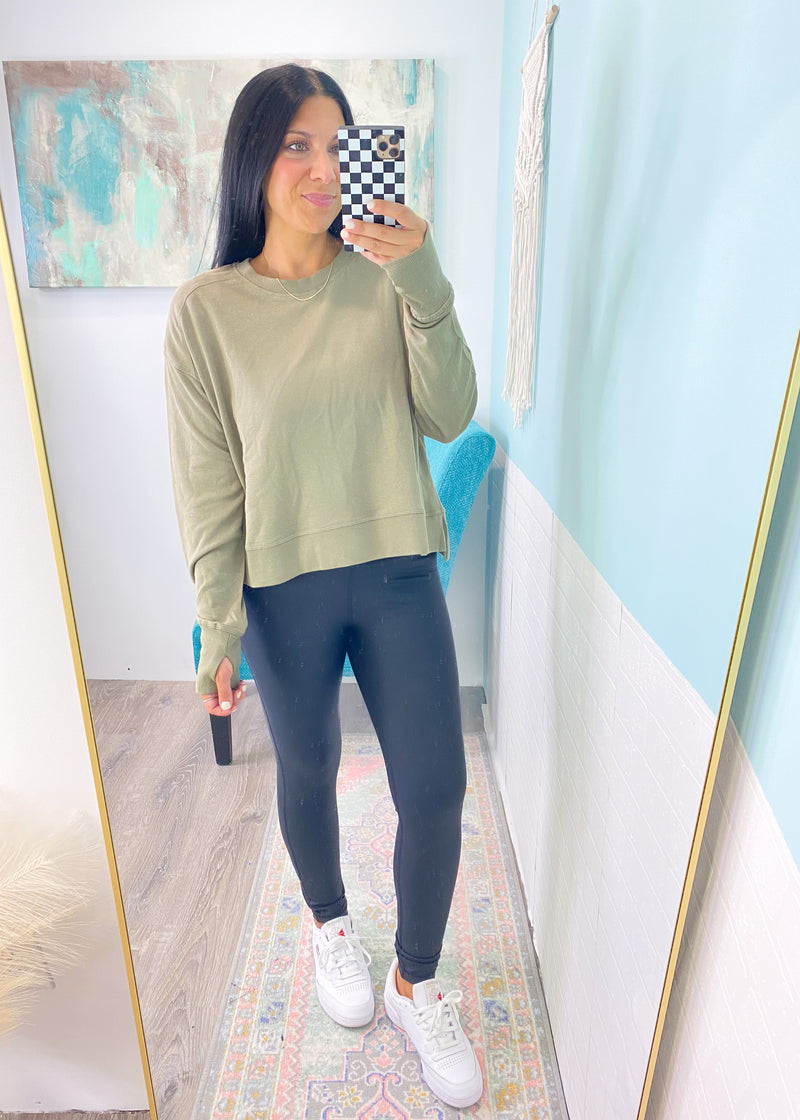 'Cora' Olive Gray Organic Cotton Blend Athleisure Sweatshirt -B-This athleisure crewneck sweatshirt comes in a soft &amp; drapey organic cotton blend. Its the ultimate cozy with thumbholes and split sides great for tucking.-Cali Moon Boutique, Plainville Connecticut