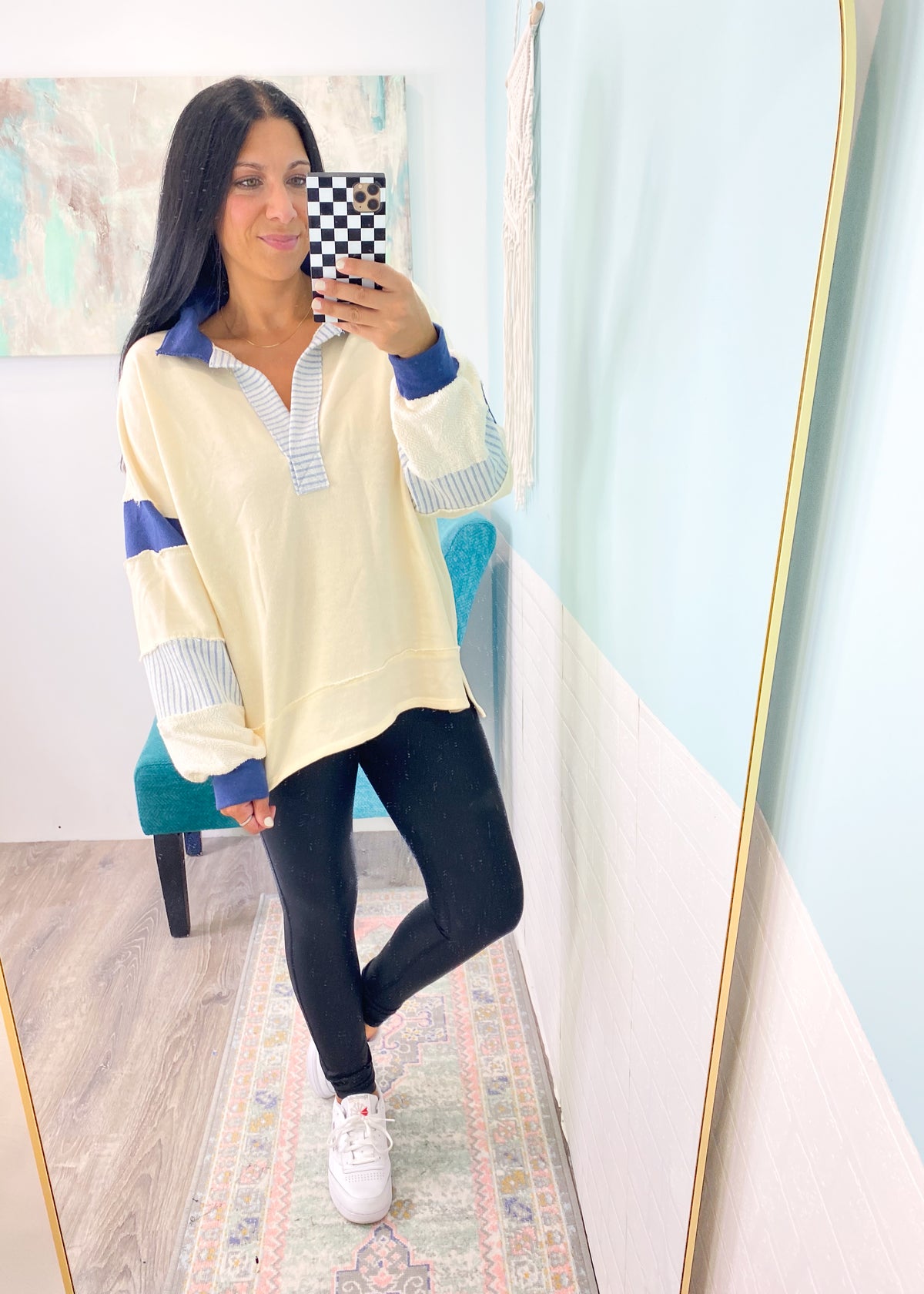 'Tidal Wave' Cream & Blue Oversized French Terry Sweatshirt-Feeling all the coastal vibes in this french terry sweatshirt. It features mixed fabrics and prints, a collar, an oversized fit and the perfect weight for multiple seasons!-Cali Moon Boutique, Plainville Connecticut