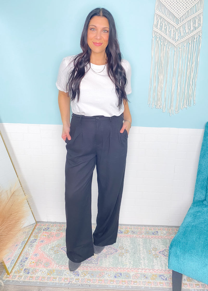 'Lola' Risen Black High Waist Wide Leg Slouchy Linen Pants-Black linen pants that can be worn from city day cool, to business casual to boardroom chic! They are lightweight, slouchy and effortlessly sleek.-Cali Moon Boutique, Plainville Connecticut