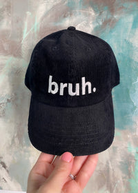 'Bruh' Embroidered Black Corduroy Baseball Hat-A baseball hat always elevates an outfit! 'Bruh' Embroidered Black Corduroy Baseball Hat is cute &amp; funny!-Cali Moon Boutique, Plainville Connecticut