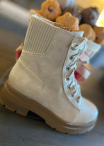 'Camryn' Cream Lace Up Combat Boot With Stretch Knit Back-These neutral colored cream combat boots can be paired with all of your Fall/Winter colors! Pair with skirts & tights, wide leg or skinny jeans, leggings & more! -Cali Moon Boutique, Plainville Connecticut
