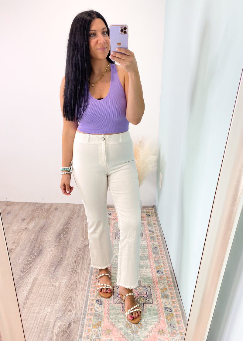 'Popsicles' White Cropped Stretch Flare Jeans-Summer is calling & these White Cropped Flare Jeans are answering! A classic color to pair with all your fav tops with a high waist fit, lots of stretch and cropped style to show off your fav shoes! Also available in Bubblegum Pink!-Cali Moon Boutique, Plainville Connecticut