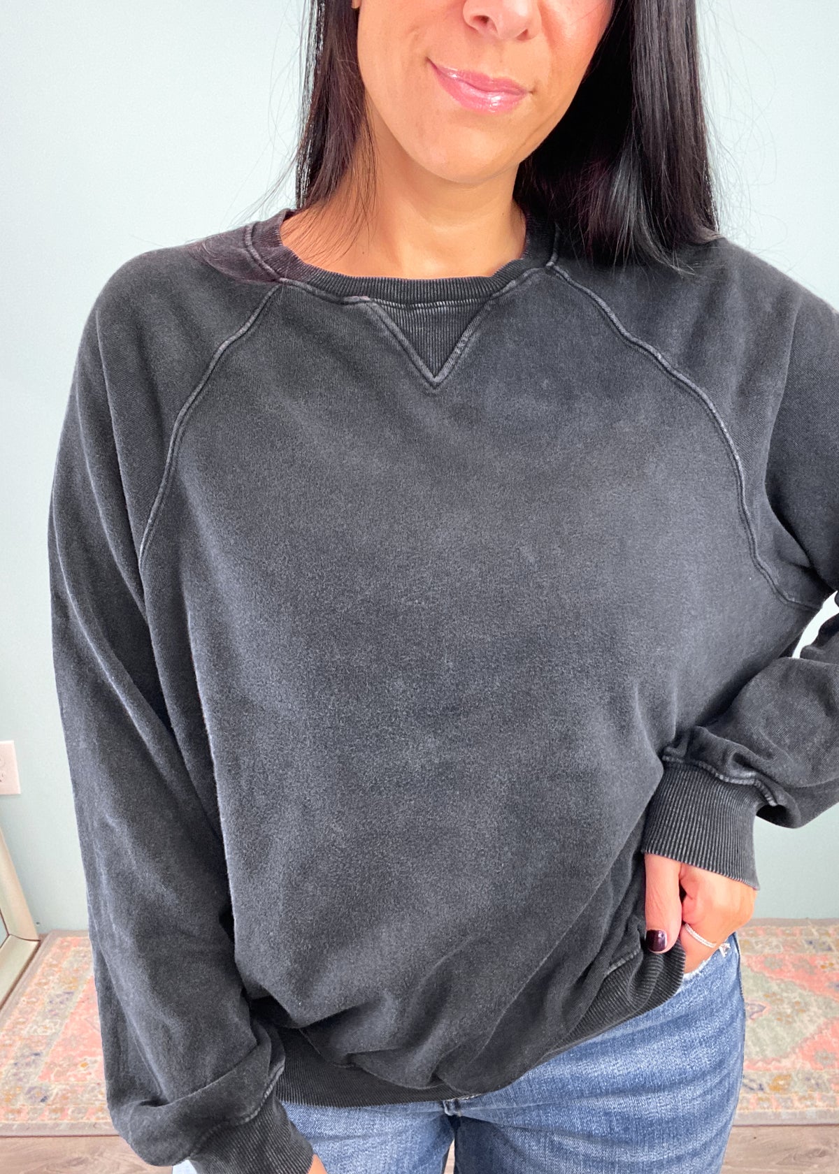 'Nostalgia' Black Vintage Washed Crewneck Sweatshirt-What is better than a soft, brushed, wear it with everything black sweatshirt?! Add your favorite jewelry layers and make this a casual night out outfit as well as an everyday cozy option! -Cali Moon Boutique, Plainville Connecticut