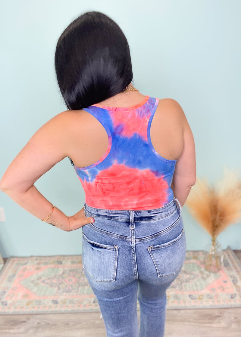 'Sparks' Tie Dye Coral/Blue Racerback Bodysuit-Spark some looks in this vibrant pink & blue tie dye bodysuit! An easy pop of color to wear alone or layered under button front tops, blazers etc-Cali Moon Boutique, Plainville Connecticut