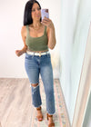 Washed Ash Olive Ribbed Square Neck Bralette with Bra Pads-Super comfortable cropped square neck bralette that can be worn under sheer tops or as everyday lounge under your fav tees/sweatshirts. Removable bra pads.-Cali Moon Boutique, Plainville Connecticut