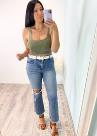 Washed Ash Olive Ribbed Square Neck Bralette with Bra Pads-Super comfortable cropped square neck bralette that can be worn under sheer tops or as everyday lounge under your fav tees/sweatshirts. Removable bra pads.-Cali Moon Boutique, Plainville Connecticut