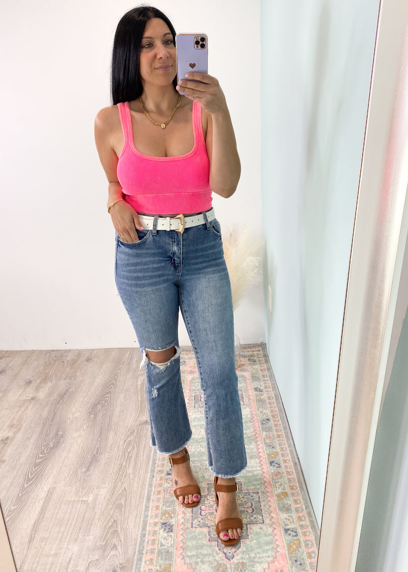 Washed Neon Coral Ribbed Square Neck Bralette with Bra Pads-Super comfortable cropped square neck bralette that can be worn under sheer tops or as everyday lounge under your fav tees/sweatshirts. Removable bra pads.-Cali Moon Boutique, Plainville Connecticut