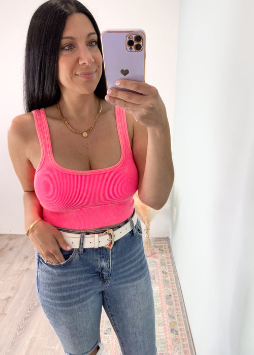 Washed Neon Coral Ribbed Square Neck Bralette with Bra Pads-Super comfortable cropped square neck bralette that can be worn under sheer tops or as everyday lounge under your fav tees/sweatshirts. Removable bra pads.-Cali Moon Boutique, Plainville Connecticut