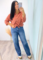 'Elements' Terracotta Button Down Shirt-This button down shirt is a perfect addition to your Fall wardrobe! The terracotta color is perfect to mix and match with neutrals and warm colors, plus it has a soft to the touch feel with stretch! Wear it as a layer, a classic top, untucked, front tied etc. So many options await and it's work friendly!-Cali Moon Boutique, Plainville Connecticut