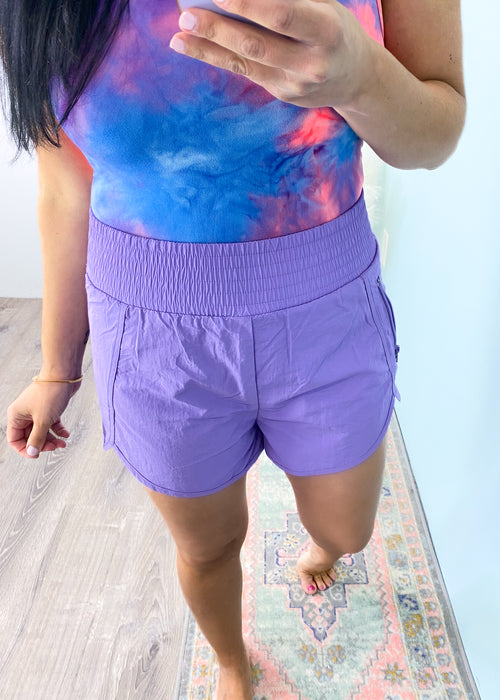 'Sprints' Lavender Windbreaker Running Shorts-Windbreaker running shorts with built in briefs for errand running, casual days and of course, actual running! Zipper pocket to keep small belongings safe.-Cali Moon Boutique, Plainville Connecticut