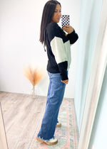 'Triple Digits' Colorblock Tie Back Sweater-Colorblock is so popular right now and this sweater is lightweight and will pair with light, medium and dark/black jeans and pants. The keyhole tie back adds an extra adorable detail! Throw on and go! -Cali Moon Boutique, Plainville Connecticut