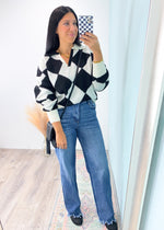 'All Fun & Games' Black/White Diamond Print Sweater with Collar-Standout from the crowd in this classic black and white diamond printed sweater! All the 90's feel with the added collar detail and chunky fit. Pair with jeans or faux leather skirts, pants etc. -Cali Moon Boutique, Plainville Connecticut