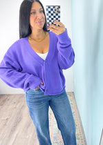 'Bold Choice' Wisteria Purple Drop Shoulder Cardigan-Fall isn't just for neutrals! This gorgeous standout purple oversized cardigan is as soft and cozy as it pretty. The oversized fit can be worn on or off the shoulder and matches with all shades of denim. Also work friendly!-Cali Moon Boutique, Plainville Connecticut