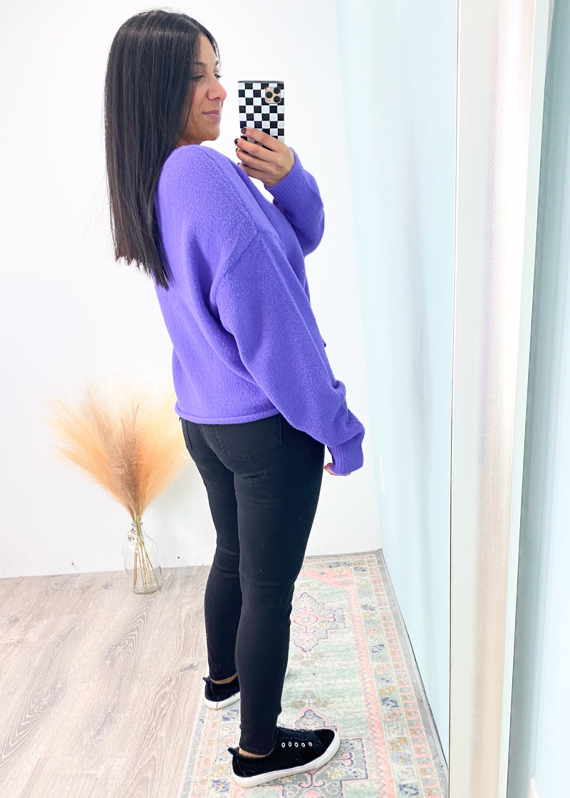 'Bold Choice' Wisteria Purple Drop Shoulder Cardigan-Fall isn't just for neutrals! This gorgeous standout purple oversized cardigan is as soft and cozy as it pretty. The oversized fit can be worn on or off the shoulder and matches with all shades of denim. Also work friendly!-Cali Moon Boutique, Plainville Connecticut