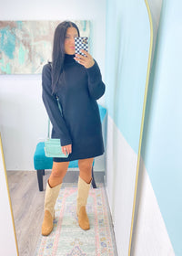 'Fireside' Black TurtleNeck Sweater Dress-What's better than a classic black sweater dress?! Wear this dress with boots, sneakers, over tights, layered with shackets, leather jackets etc.&nbsp;-Cali Moon Boutique, Plainville Connecticut