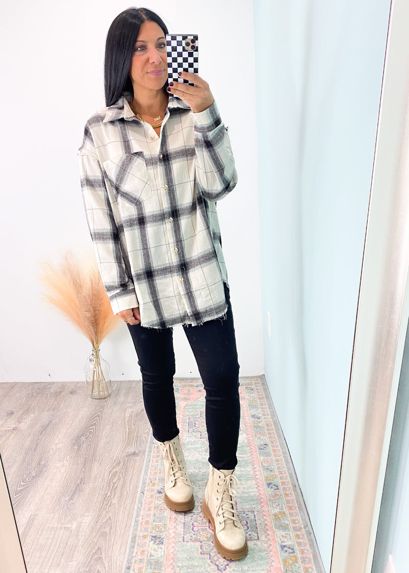 'Never Change' Ivory Plaid Fringe Flannel Shirt-Cali Moon Boutique, Plainville Connecticut