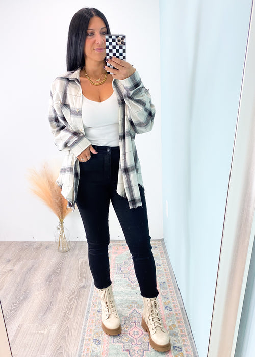'Never Change' Ivory Plaid Fringe Flannel Shirt-Cali Moon Boutique, Plainville Connecticut