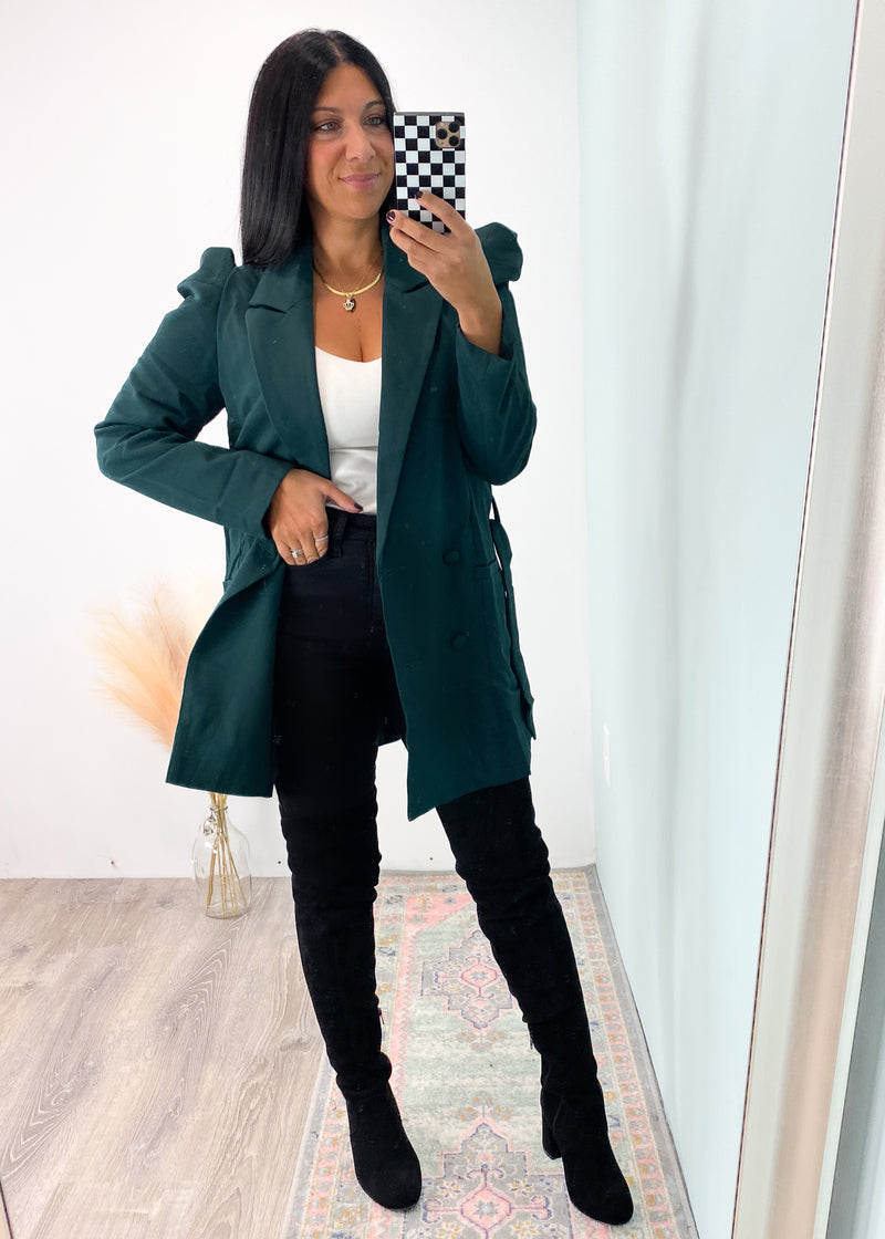 'Level Up' Hunter Green Puff Sleeve Jacket with Belt-This puff sleeved beauty comes in the perfect hunter green color and is ready for your Fall/Winter glow-up! Wear it as a part of your outfit or as THE outfit! A lightweight fabric with stretch for comfort.-Cali Moon Boutique, Plainville Connecticut