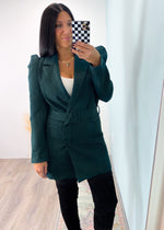 'Level Up' Hunter Green Puff Sleeve Jacket with Belt-This puff sleeved beauty comes in the perfect hunter green color and is ready for your Fall/Winter glow-up! Wear it as a part of your outfit or as THE outfit! A lightweight fabric with stretch for comfort.-Cali Moon Boutique, Plainville Connecticut