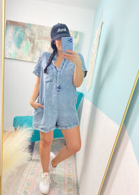 'The Cutie' Vintage Washed Soft Denim Romper-It's all in the name! This cute as can be tencel denim romper features a vintage washed moveable, non rigid denim fabric. It has side pockets, a loose fit and functional front buttons giving you so many styling options! This can easily be dressed up for your Summer concerts, worn super casual for everyday and vacation ready!-Cali Moon Boutique, Plainville Connecticut