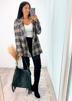 'Take Notice' Black/Tan Plaid Herringbone Blazer-We love a classic blazer moment! This plaid & herringbone blazer was made for the cooler months with it's heavier weight fabric and neutral toned colors. From office to nights out, this piece can be mixed and matched for so many outfits. Wear with jeans, black pants, faux leather, mini skirts & more! -Cali Moon Boutique, Plainville Connecticut