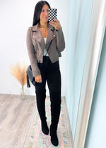 Lightweight Cropped Mushroom Faux Suede Moto Jacket-This neutral colored faux suede moto jacket has a luxurious and smooth fabric with comfy stretch and moto hardware details! What's not to love?! The color will pair with both neutral and rich colors of the cooler seasons! -Cali Moon Boutique, Plainville Connecticut