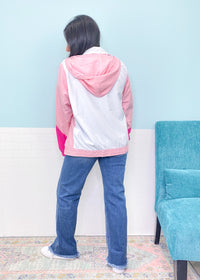 'The Jetty' Pink & White Colorblock Nylon Windbreaker-A purchase you will never regret! This colorblock nylon windbreaker is the lightweight layering piece of our dreams! The cute as can be shades of pink and white colorblocking, lightweight nylon, drawstring hood and perfect fit! Great for Summer with shorts and to add some pops of color to the Fall transition.-Cali Moon Boutique, Plainville Connecticut